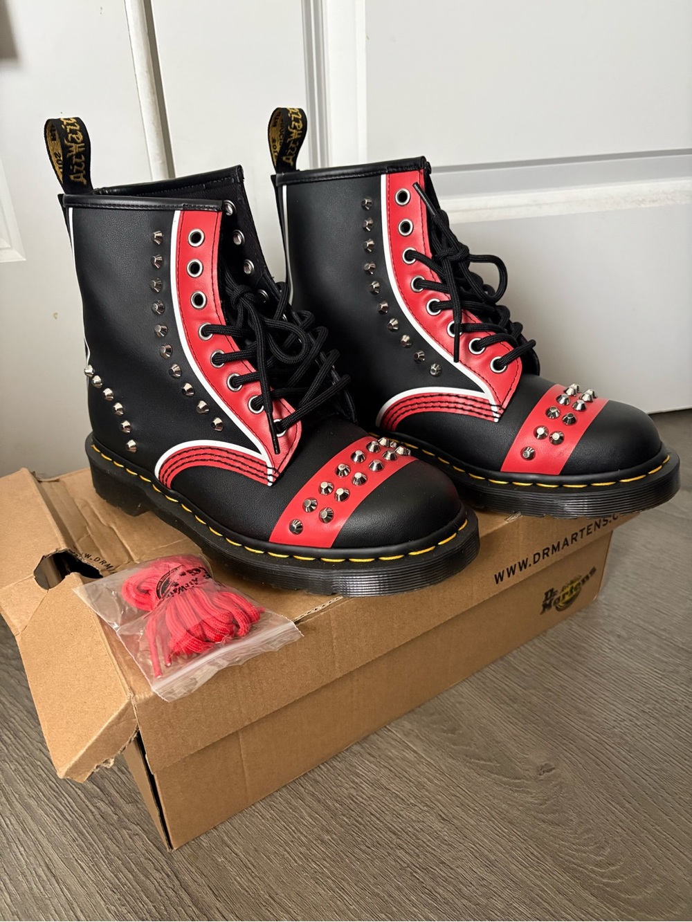 Dr. Martens Black & Red Studded Leather Lace-Up Boots